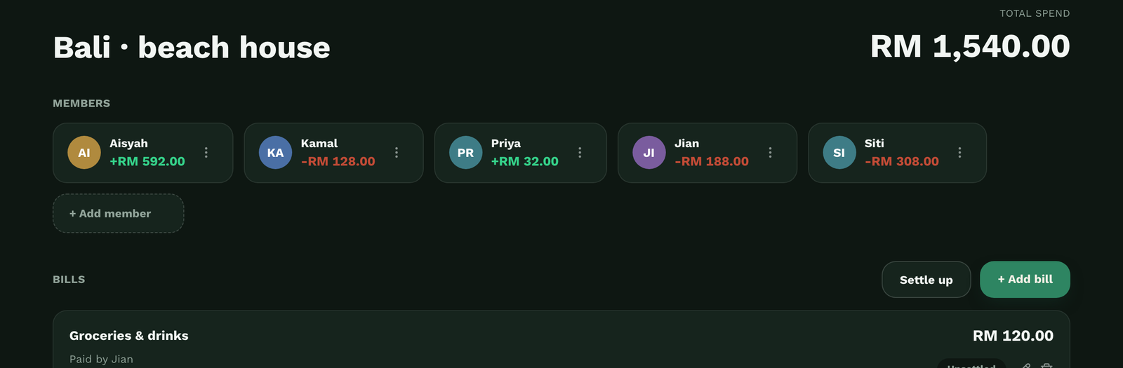 An event dashboard showing members, balances and bills