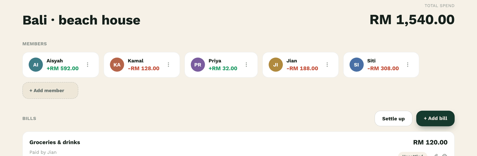 An event dashboard showing members, balances and bills