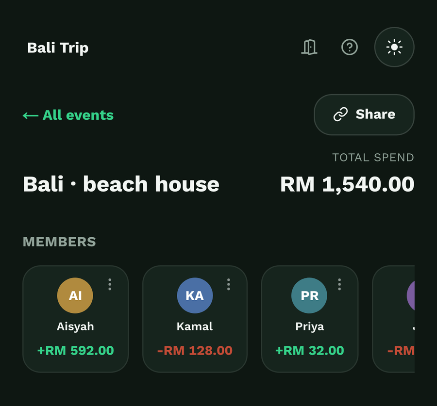 An event dashboard on a phone, showing members and balances