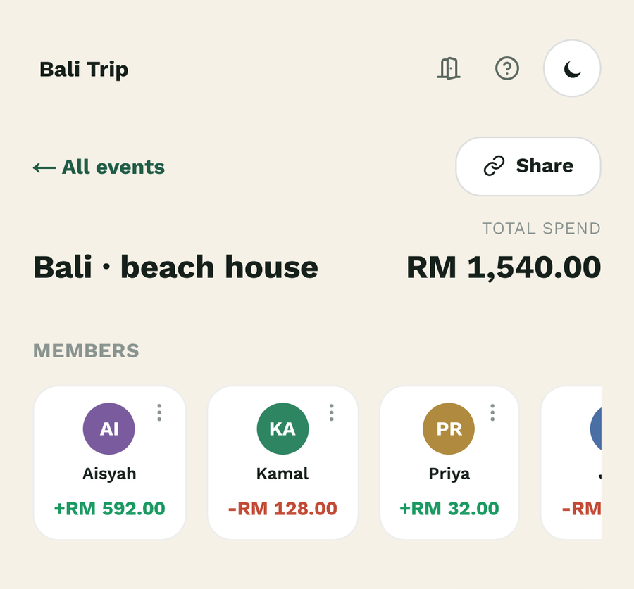 An event dashboard on a phone, showing members and balances