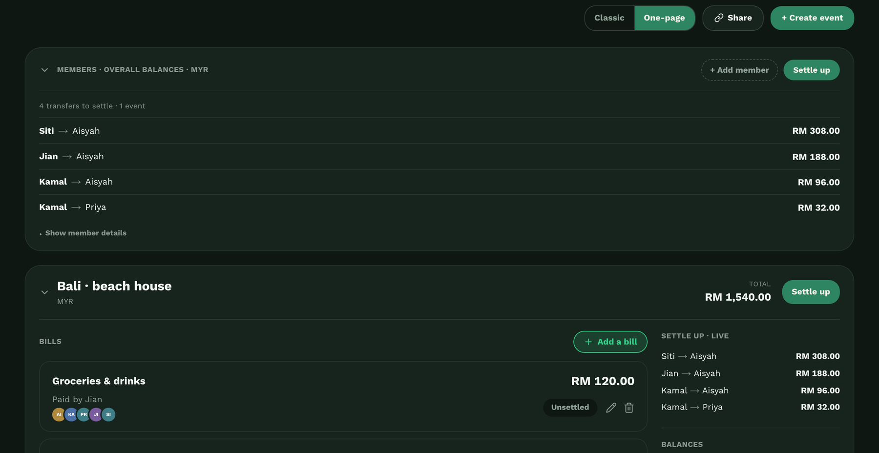 The one-page desktop workspace showing a group's events, bills, balances and a live settle-up preview