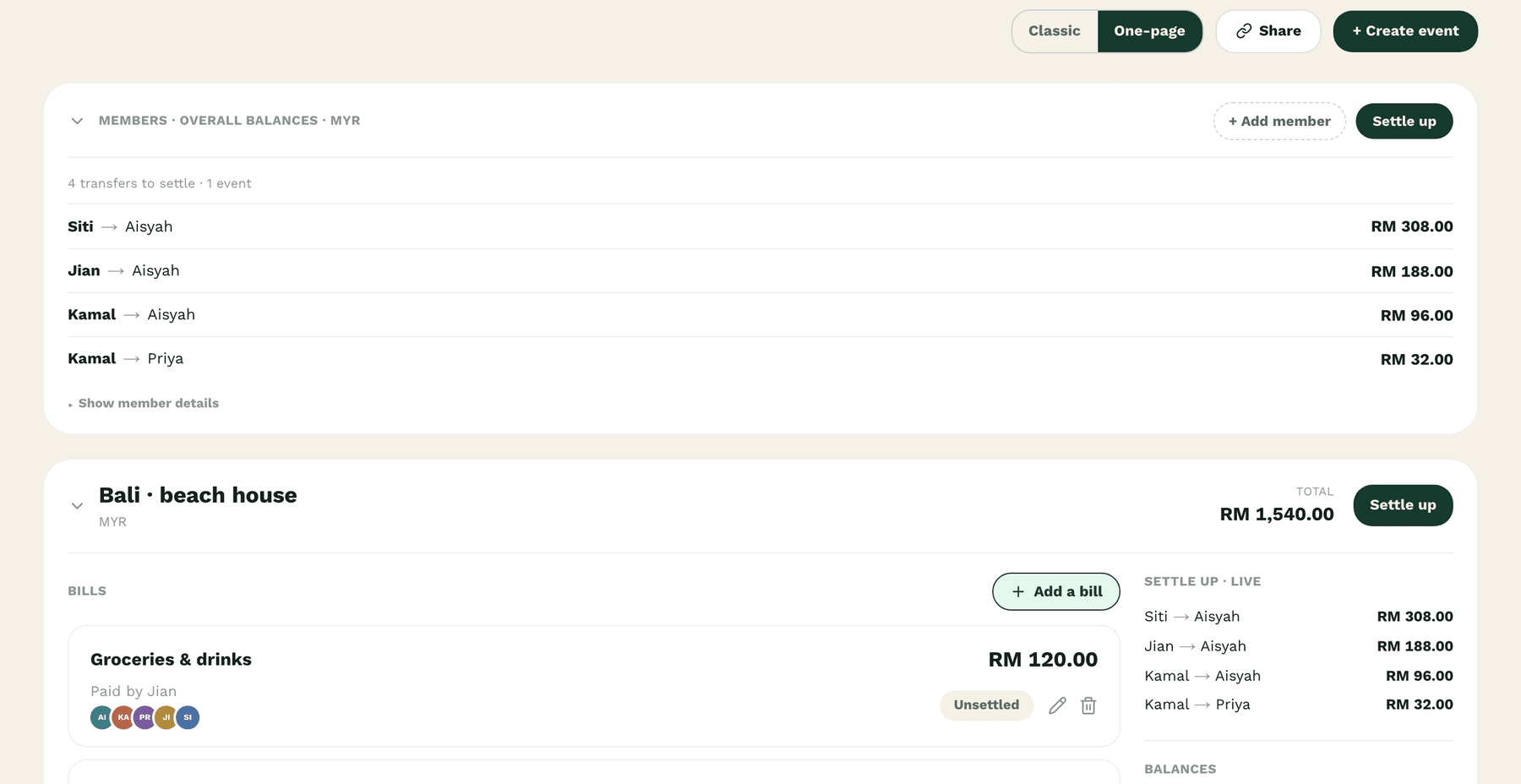 The one-page desktop workspace showing a group's events, bills, balances and a live settle-up preview